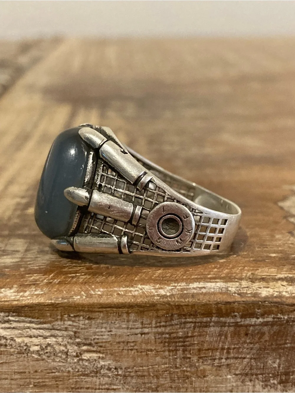 Sterling Silver Men's Statement Ring w/ Brown & Gray Cabochon Stone Dragon Claw